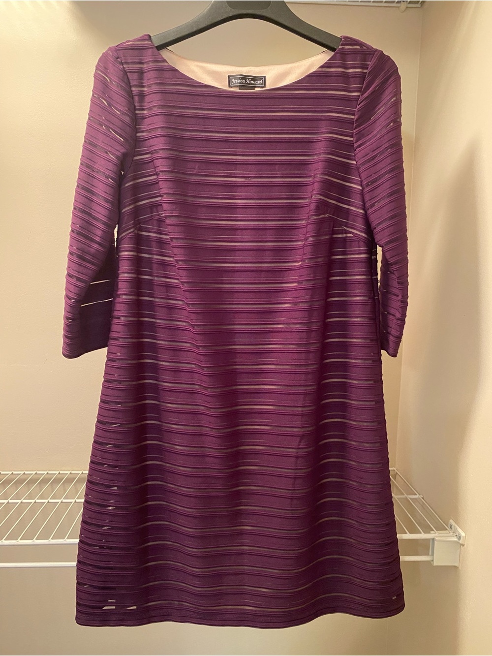 NEW Jessica Howard Purple Textured Cream Lined Dress with 3/4 Sleeves Size 14